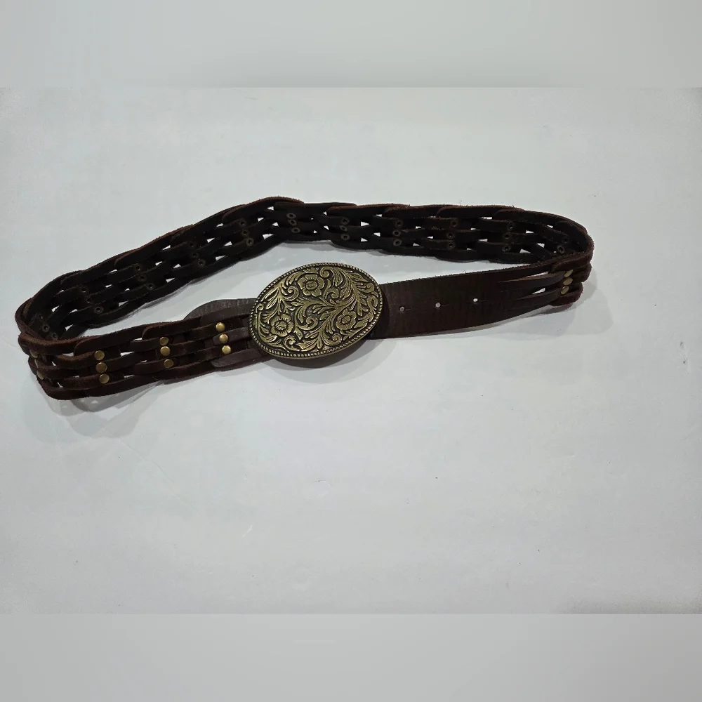 Elegant Brown Braided Belt with Brass Buckle